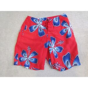 Vintage Board Shorts 38 Red Blue Hibiscus Floral Tropical Surf Swim Trunks
